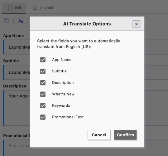 AI-powered app metadata translation into 50+ languages for App Store and Google Play localization