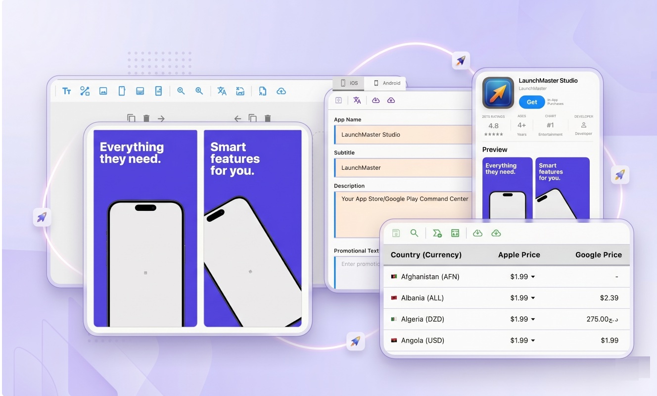 LaunchMaster Studio desktop app interface showing App Store and Google Play management dashboard