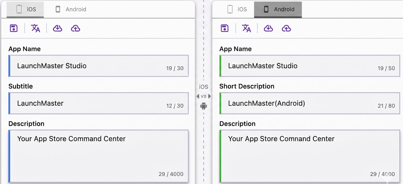 App Store and Google Play metadata management — edit app name, subtitle, description, and keywords in multiple languages