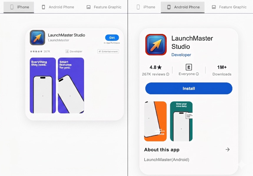 Real-time App Store and Google Play listing preview before submission