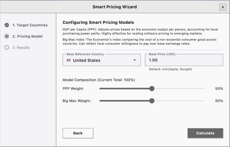 Smart pricing suggestions based on regional purchasing power and currency trends for App Store and Google Play