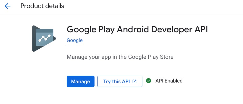 Google Cloud API Library showing the Google Play Android Developer API — click Enable