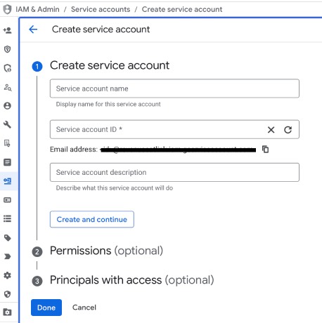 Google Cloud IAM service account creation form with name, ID and description fields