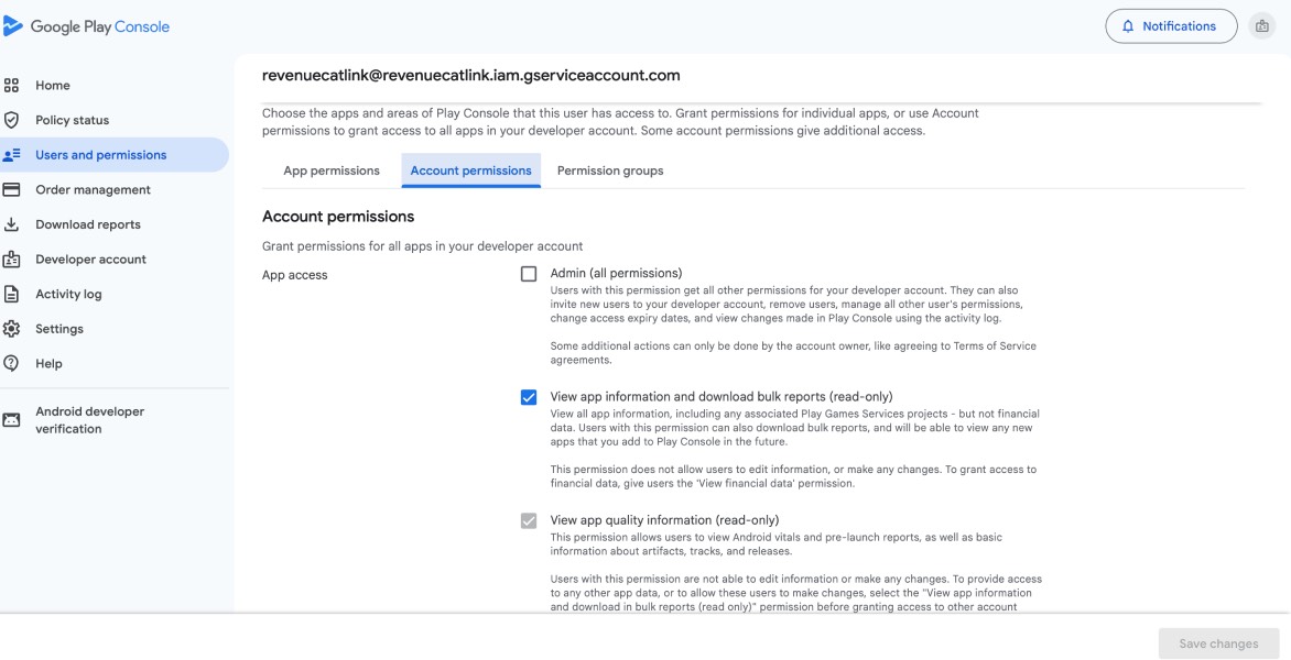 Google Play Console Users and permissions panel with account permissions checkboxes