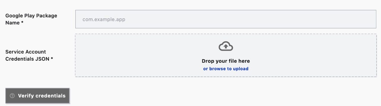 LaunchMaster Studio Google Play Console configuration panel showing JSON file upload and package name fields